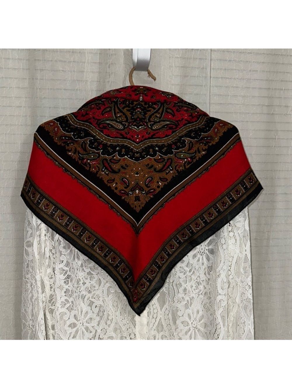 Red Black Rust Green White Paisley Turkish Print Square Scarf